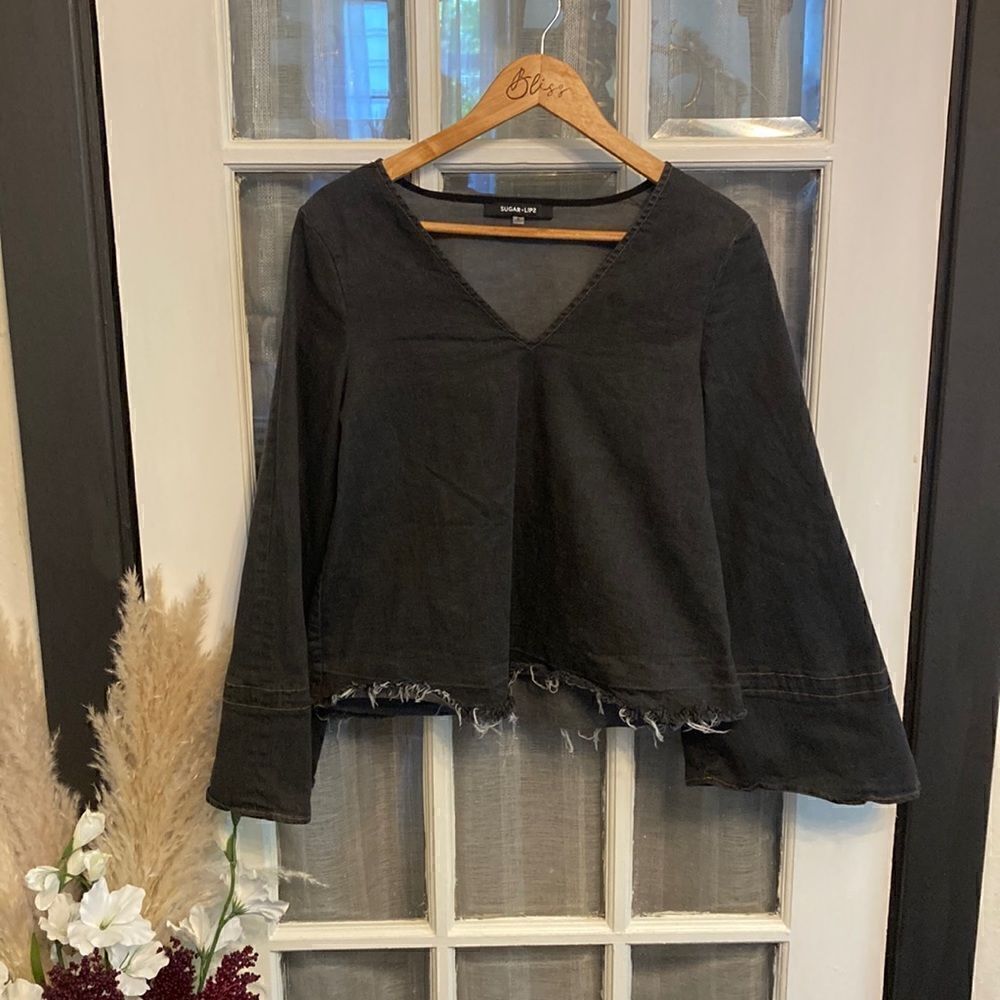 Sugar Lips Black Denim Distressed Boho Top